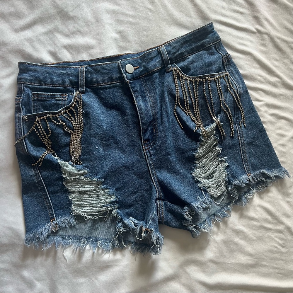 Kedera Rhinestone Fringe Denim Shorts Distressed High Waisted Jean Shorts - Picture 3 of 11